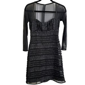 Vintage‎ Tadashi Black Mini Dress Long Sleeve Mesh Ruffle Trim Party Cocktail